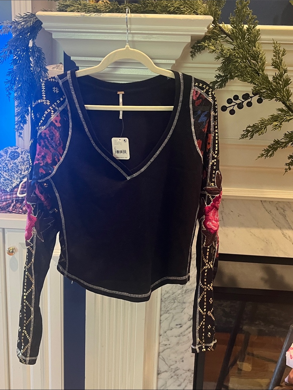 NWT Free People Black V-Neck Cold-Shoulder Top with Floral Sleeve Embroidery